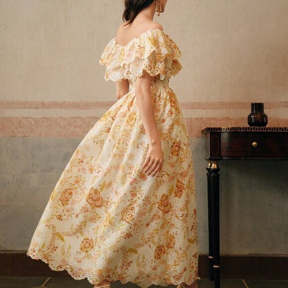 Multicolor Elegant Women's Off Shoulder Ruffled Floral Embroidered Dress - Picture 2 of 6